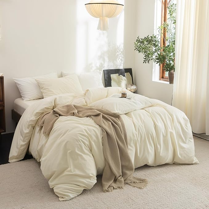 FOSSA Duvet Cover Set 100% Washed Cotton Linen Feel Super Soft Breathable Cozy 3 Pieces Bedding Sets Solid Cream White Twin