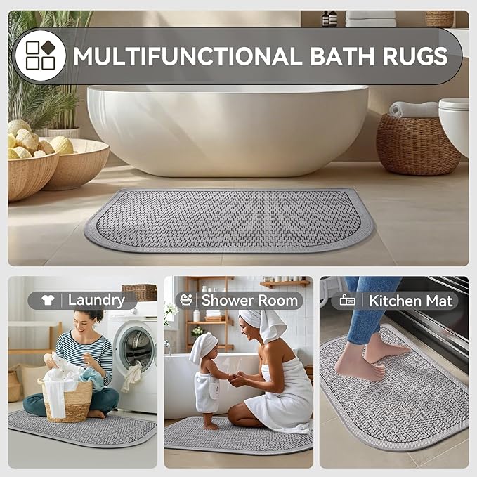 Ultra Thin Bathroom Rugs Mat Quick Dry Absorbent Non Slip Bath Mat Bath Mats for Bathtub Mat Bathroom Carpet Fit Under Door Woven Washable Floor Rubber Half Round Bath Rugs Grey 16x24