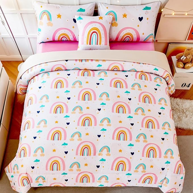 ANGIYUIN 6 Pieces Multi-Color Rainbow Twin Size Comforter Set for Girls Kids Cute Cloud and Love Hearts Girls Bedding Set Soft Microfiber Girl Bed in a Bag with Comforter, Sheets, Pillowcases