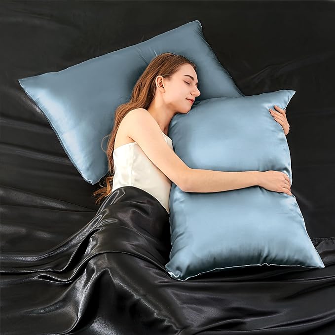 INFIIXSO Mulberry Silk Pillowcase for Hair and Skin, Silk Pillow Cases Queen Size Set of 2 with Hidden Zipper 20"x30", Ultra Smooth and Soft Cooling Pillow Cases for Hot Sleepers(Airy Blue, 2 Pack)