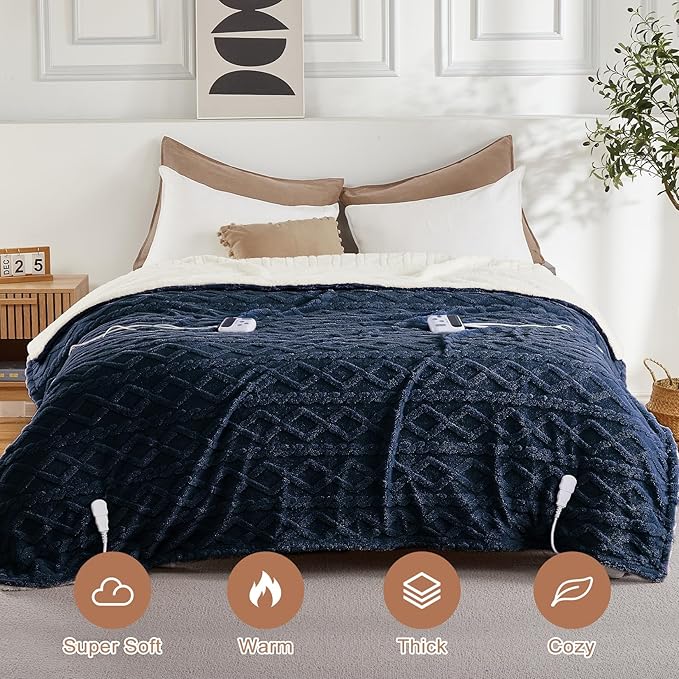 CAROMIO Electric Blanket Queen Size Dual Control - Thick Tufted Sherpa Heated Blanket Queen with 6 Heat Levels and 20 Time Settings, ETL Certified Fast Heating Blanket Queen Size 84"×90", Navy Blue