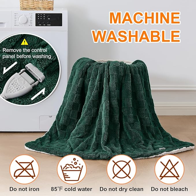 Electric Heated Blanket Queen Size Dual Control - Jacquard Checkered Sherpa 84"x90" Fast Heating Bed Blankets with 6 Heating Levels & 10 Hours Auto Off, Over-Heat Protection ETL, Dark Green