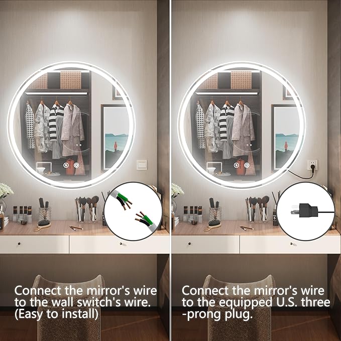 28-Inch Frameless Round LED Bathroom Mirror with Anti-Fog, Memory Function, Dimmable Front & Backlit Lights, 6000K Daylight, 5mm HD Glass, Touch Control