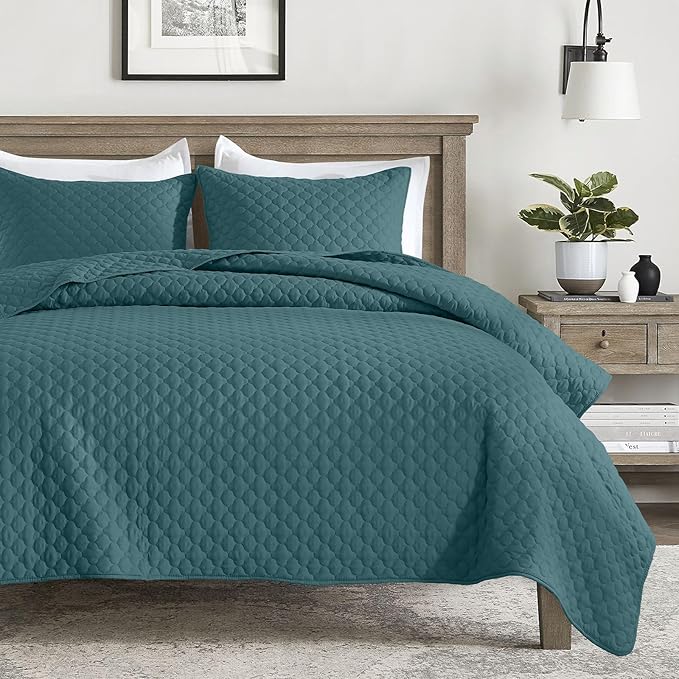 HORIMOTE HOME Quilt Queen Size Teal Blue, Lightweight Quilt for Summer Ultra-Soft Microfiber Modern Style Quilted Clouds Pattern Bedspread Quit Set 3 Pieces(1 Quilt and 2 Pillow Shams)