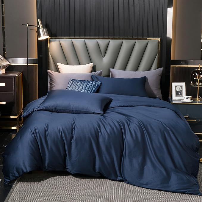 MooMee Duvet Cover Set 100% Extra Long Staple Cotton 600 Thread Count Silky Sateen Smooth Luxury Soft Breathable Durable Hotel Quality Bedding, 3 Pieces (Navy Blue, Queen 90"x90")
