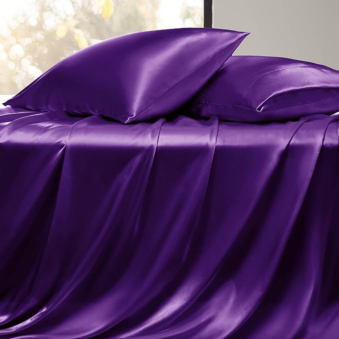 Bedsure Satin Sheets Queen Size - 4 Piece Silky Bedsheets with 15 Inches Deep Pocket Fitted Bedsheet,1 Flat Sheet, 2 Satin Pillowcases, Good for Hair & Skin (Queen, Purple)