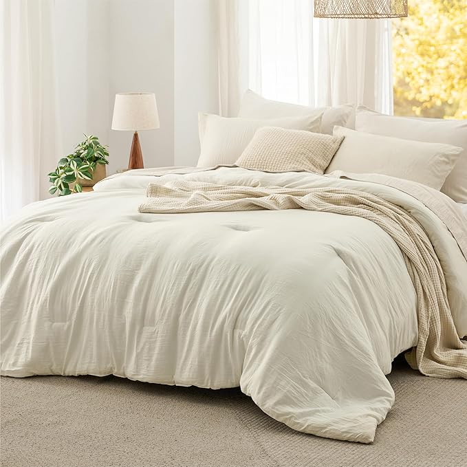 Bedsure California King Size Comforter Set, Ivory Soft Prewashed Bedding for All Seasons, 3 Pieces GentleSoft™ Down Alternative Bed Set, 1 Lightweight Comforter (104"x96") and 2 Pillowcases (20"x36")