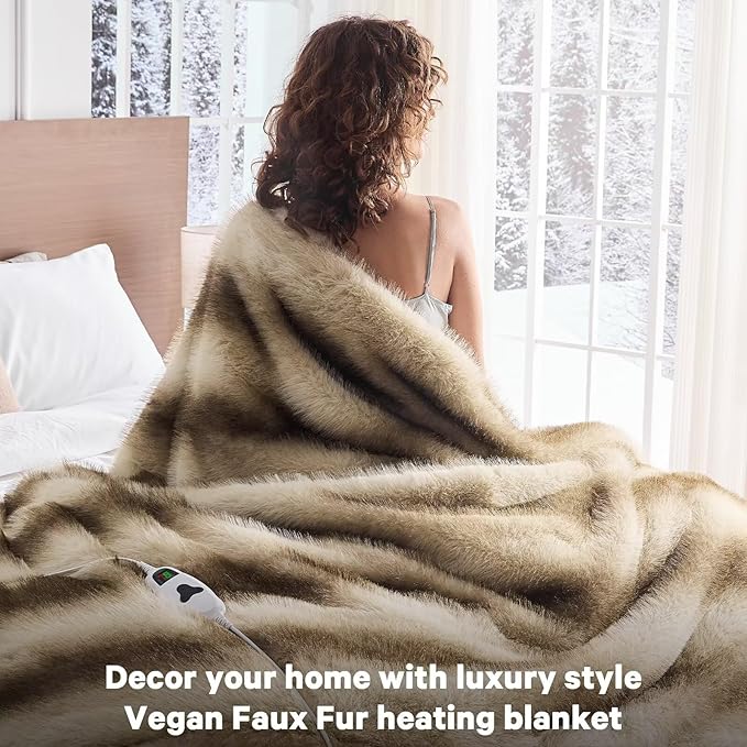 Heated Electric Blanket Throw,Octrot 50"X60" Faux Fur Heating Blanket Luxury Christmas Gifts Heavy Plush with 10 Heats Levels & 8 Hours Auto Off,Super Cozy Warm Fuzzy,Fluffy Decor Winter Warming,Brown