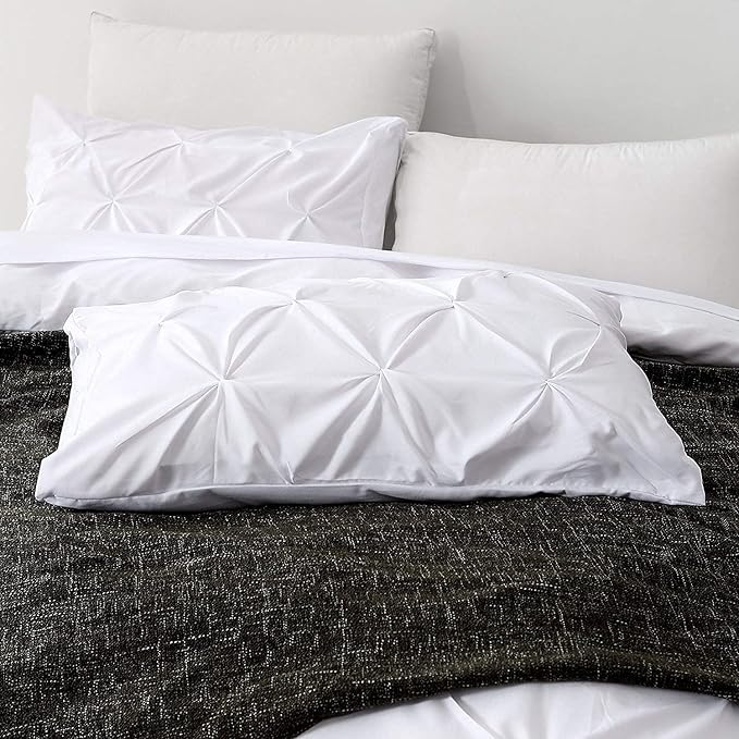 Pinch Pleated Duvet Cover Set 100% Brushed Microfiber 3PC Oversize Plus Size 128x120 Duvet Cover Set, Decorative Pinch Design White Duvet Cover with Matching Pillow Case