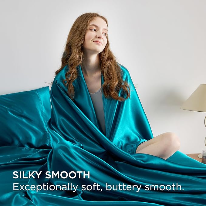 Bedsure Satin Sheets King Size - 4 Piece Silky Bedsheets with 15 Inches Deep Pocket Fitted Bedsheet,1 Flat Sheet, 2 Satin Pillowcases, Good for Hair & Skin (King, Teal)