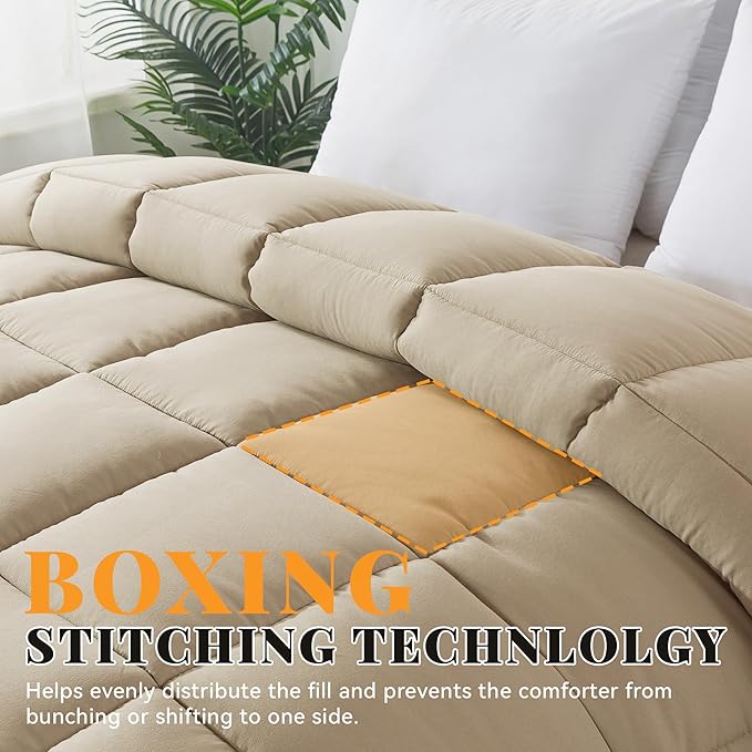 Cosybay Down Alternative Comforter (Beige, Full) - All Season Soft Quilted Full Size Bed Comforter - Duvet Insert with Corner Tabs -Winter Summer Warm Fluffy, 82x86 inches