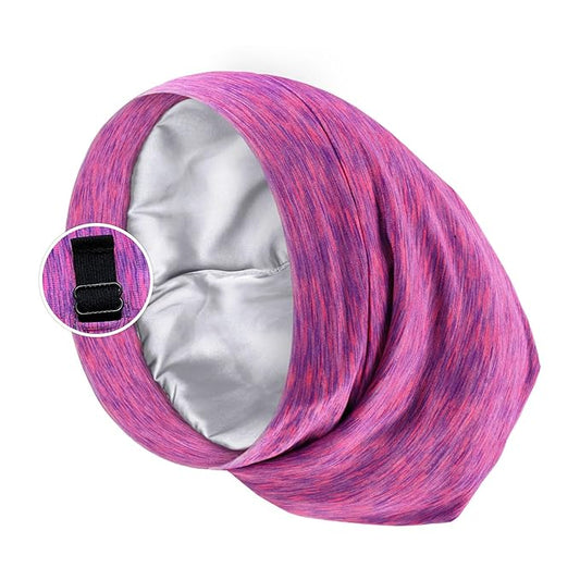 Satin Lined Sleep Cap Bonnet for Curly Hair and Braids, Stay On All Night Hair Wrap with Adjustable Strap for Women and Men, Purple and Pink, Pack of 1