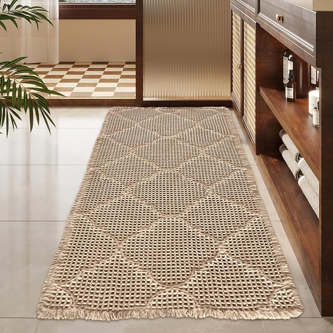 ZALL Tan Waffle Bath Mat,Super Absorbent Non Slip Bathroom Rug,Brown 24x48inch, Geometric Diamond Machine Washable Ultra Soft Floor Mats