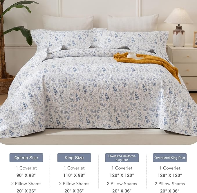 Lady Ann Queen Size Cotton Quilt Sets - Blue and White Floral & Leaves Pattern Botanical Printed Quilted Bedding, 3 Pcs Lightweight Soft Bedspread Sets Queen Coverlet for All Season
