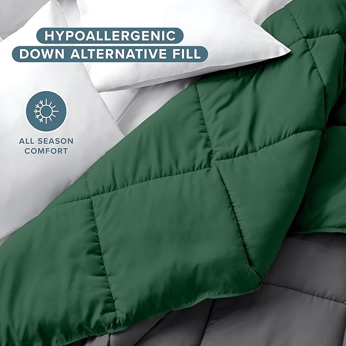 Bare Home Full Comforter - Reversible Colors - Goose Down Alternative - Ultra-Soft - Premium 1800 Series - All Season Warmth - Bedding Comforter (Full, Grey/Forest Green)