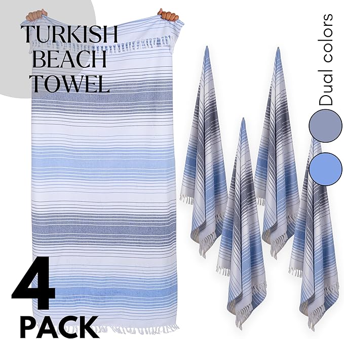 Native Fab Oversized Beach Towel, 4 Pack, 40x71 inches 100% Cotton Turkish Peshtemal for Adults,Soft & Absorbent, Extra Large Beach Towel for Hammam Spa Beach Blanket Bath, Cabana Strips, Navy Blue