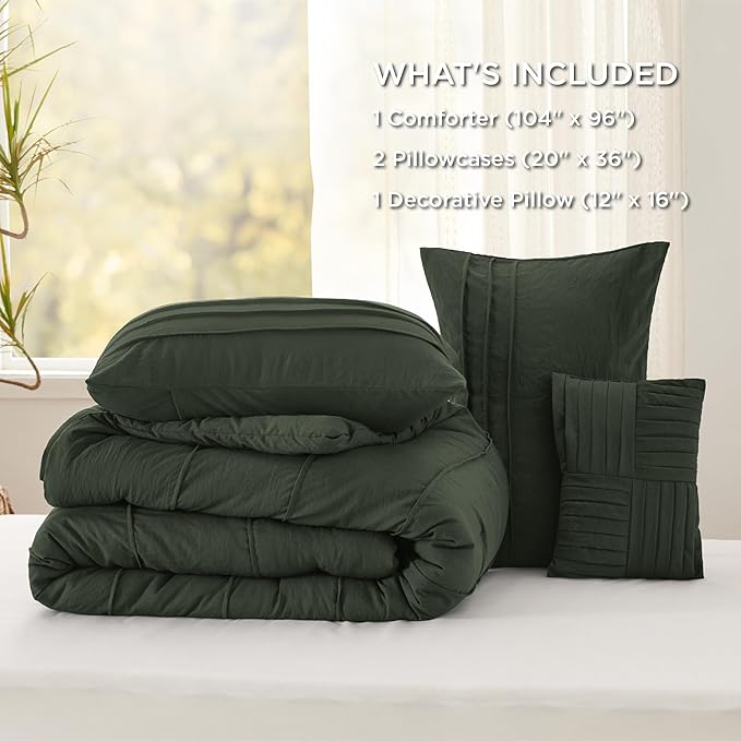 Bedsure California King Comforter Set - 4 Pieces Pinch Pleat Bed Set, Olive Green Boho Bedding for All Season, 1 Soft Comforter, 2 Pillowcases, 1 Decorative Pillow