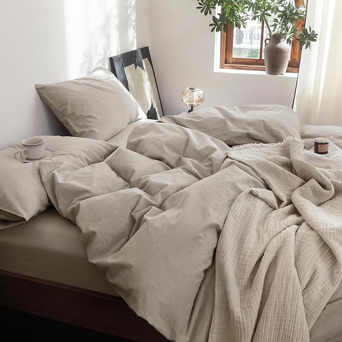 FOSSA Duvet Cover Set 100% Washed Cotton Linen Feel Super Soft Breathable Cozy 3 Pieces Bedding Sets Solid Cream Grey Super King