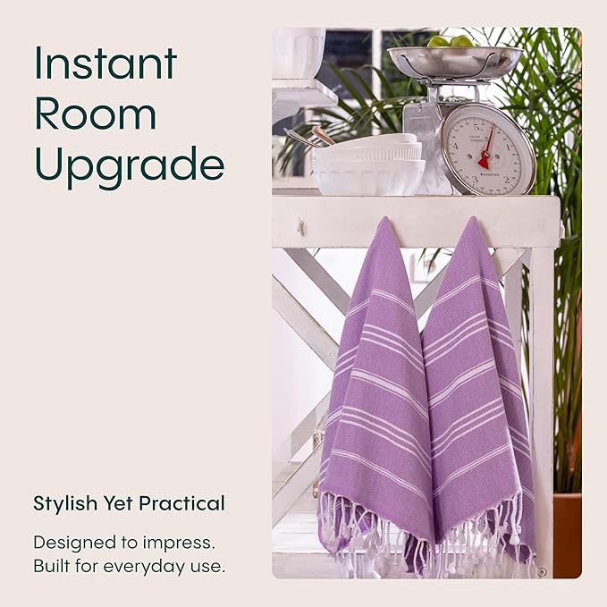 WETCAT Turkish Hand Towels with Hanging Loop, Set of 2 (20" x 30") 100% Turkish Cotton, Pre-Washed, Quick Drying, for Kitchen or Bathroom - Lilac