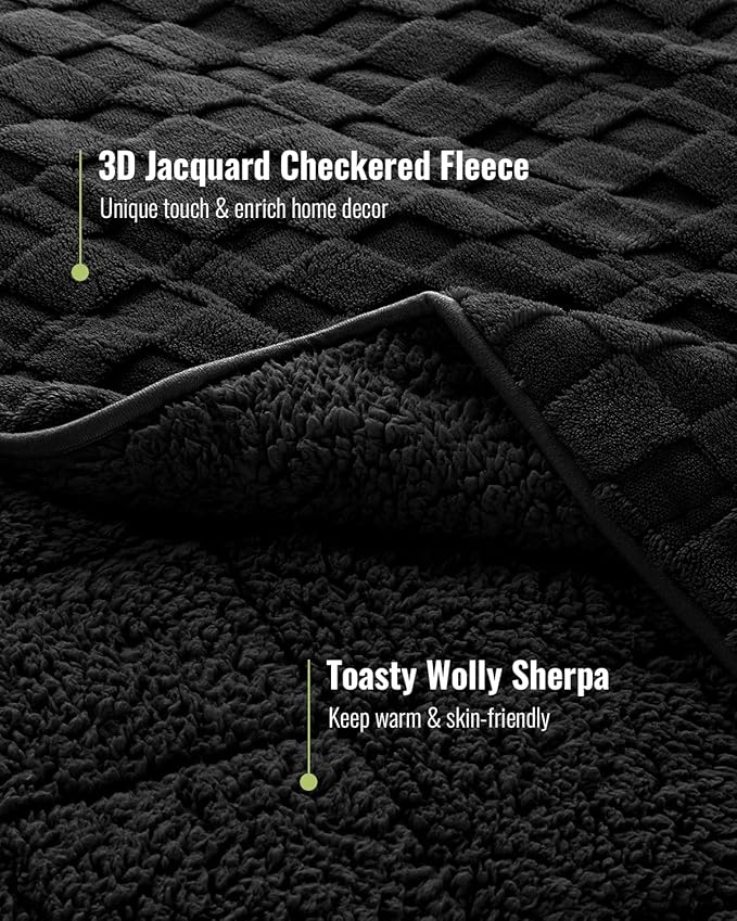 Uttermara Sherpa Fleece Weighted Blanket Full Size(12lbs, 48" x 72", Black), 3D Jacquard Checkered Warm Sherpa Heavy Blanket for Adults, Soft Fuzzy Weighted Blankets for Couch Bed Sofa