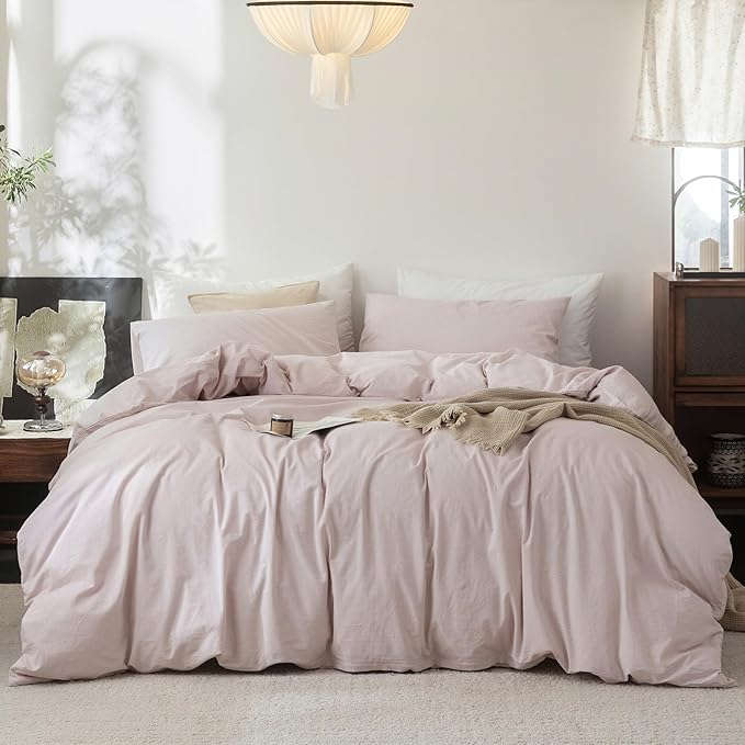 FOSSA Duvet Cover Set 100% Washed Cotton Linen Feel Super Soft Breathable Cozy 3 Pieces Bedding Sets Solid Greyish Pink Super King Plus