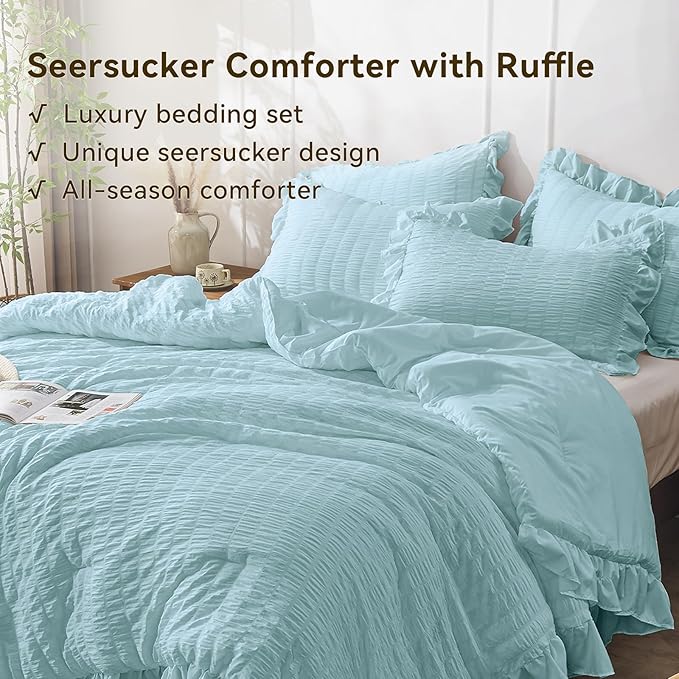 JOLLYVOGUE Blue Comforter Full Size, 3 Pieces Seersucker Lightweight Full Size Bedding, All Season Fluffy Microfiber Bedding Comforter Set with 1 Ruffle Comforter and 2 Ruffle Pillowshams