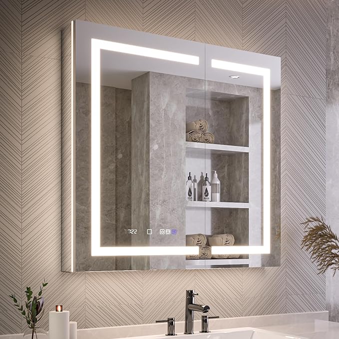 Lighted Medicine Cabinet with Mirror 36"x36" Recessed LED Medicine Cabinet Mirror, Front&Backlit, Anti-Fog, Stepless Dimming, 3-Color Temperatures, Magnifier, 2 Outlets, Storage Shelves, ETL Certified