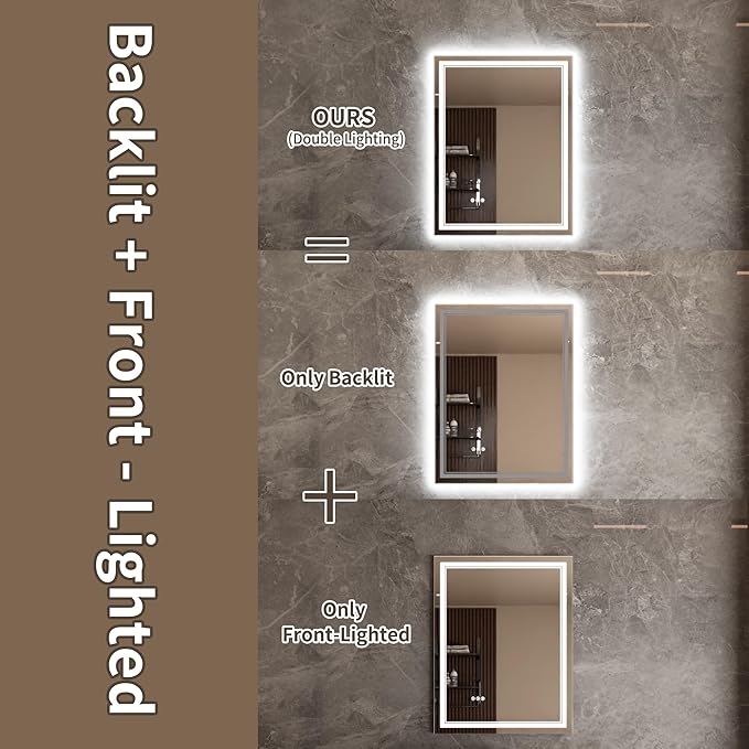 Bathroom Mirror with Lights 28"X36" with Front Light and Backlit, Tempered Glass, Wall Mount Horizontal/Vertical, Stepless Dimmable, 3 Colors, Anti Fog, Bathroom Memory LED Mirror
