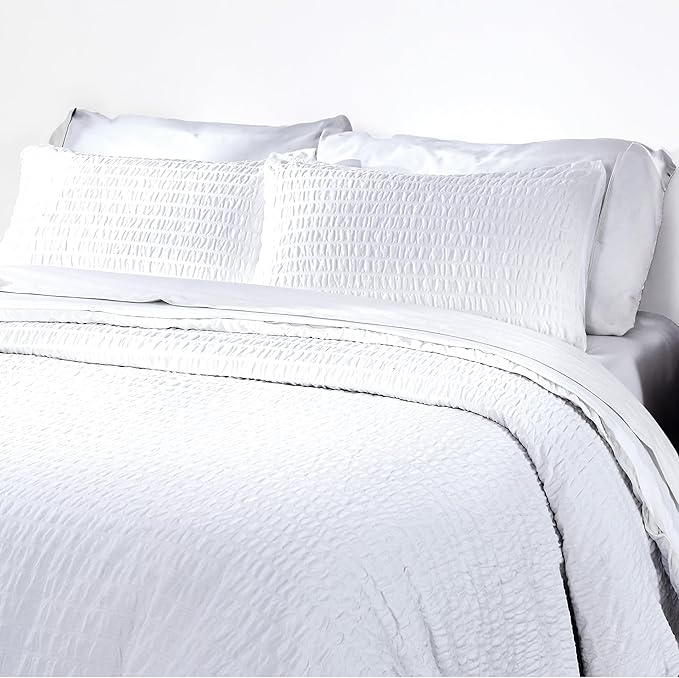 California Design Den Queen Size Duvet Cover Set, 100% Cotton 3 Pc Cover & Sham Set, Soft Textured White Seersucker Duvet Cover 92" x 90" to Fit Queen Size Duvet (Seersucker, Queen)