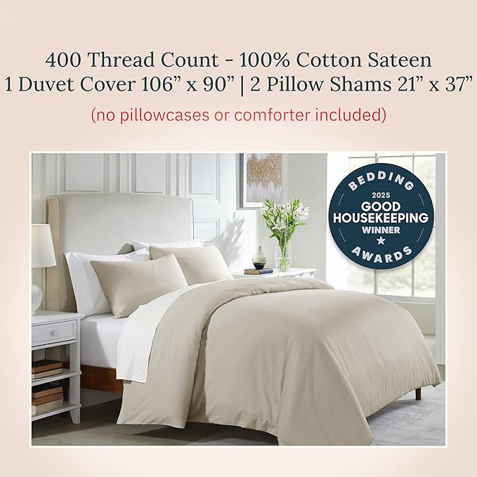California Design Den 3 Pc King Duvet Cover Set - Winner Good Housekeeping Best Bedding Awards 2025, 400 Thread Count Sateen, 100% Cotton King Size Duvet Cover, Soft & Durable - Beige (Golden Tone)