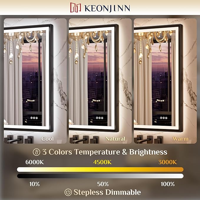 Keonjinn 30" x 36" LED Bathroom Mirror with Frontlit & Backlit, Black Metal Framed Mirror for Wall, Antifog, Stepless 3 Colors Temperature, UL-Listed LED Driver, Tempered Glass