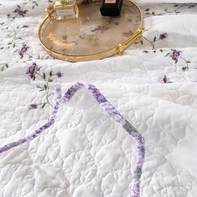 Quilt Set Purple Floral 3D Embroidery Pattern 3 PCS 100% Cotton Reversible Quilted Embroidered Decorative Bedspreads Coverlet Set, Lightweight &Soft Queen Size White Bedding Coverlet for All Season