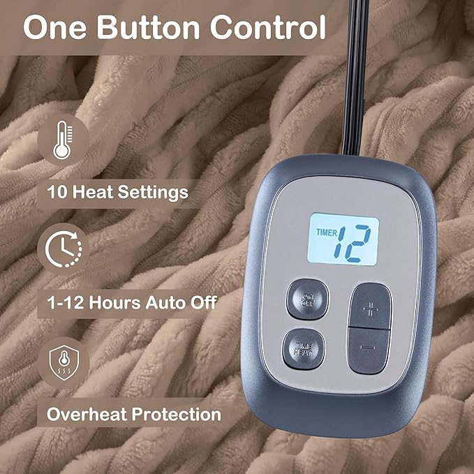 Electric Heated Blanket Queen Size 84"x 90", Dual Control, Soft Comfortable Warming Striped with 10 Heating Levels & 1-12 Hours Auto Off, Machine Washable, Camel
