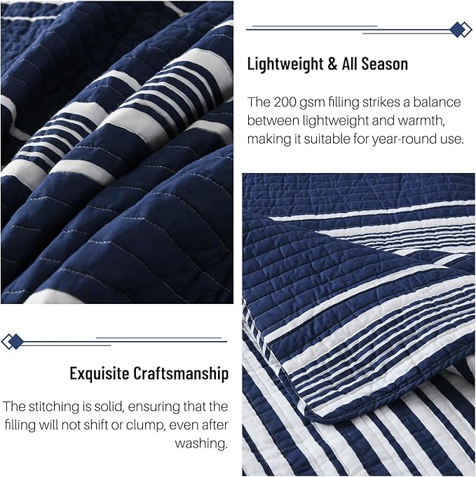 Striped Queen Size Quilt - 100% Cotton Navy Blue White Striped Modern Boys Men Unisex Quilt Bedspread for Queen Bed, Lightweight Reversible Quilted Bedding Set with 2 Pillow Shams, All Season