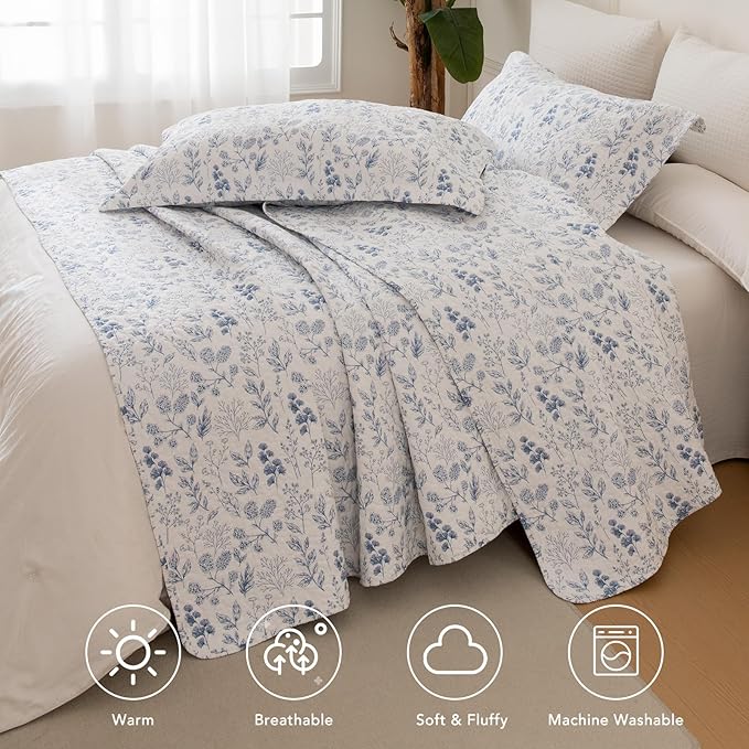 Lady Ann Queen Size Cotton Quilt Sets - Blue and White Floral & Leaves Pattern Botanical Printed Quilted Bedding, 3 Pcs Lightweight Soft Bedspread Sets Queen Coverlet for All Season