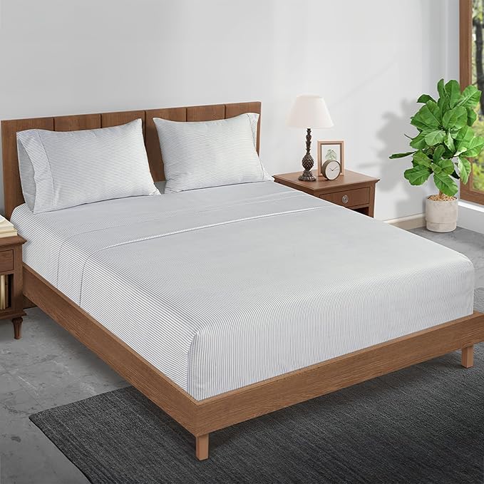 LANE LINEN Twin XL Bed Sheets – 450 Thread Count 100% Cotton, Soft Sateen Weave, Cooling & Fade-Resistant, 15” Deep Pocket, Extra Long Twin Sheets for Hospital Bed, Ticking Stripe