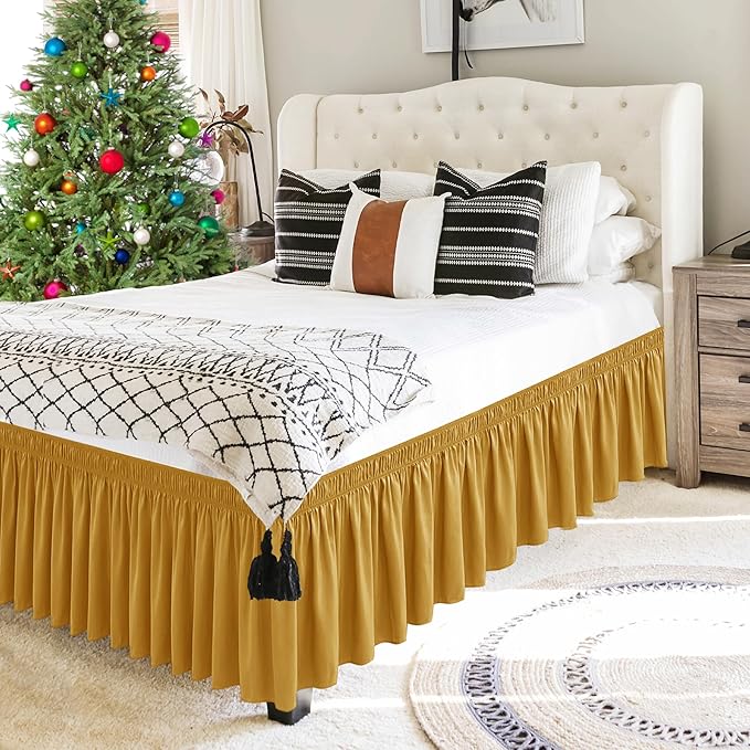 Biscaynebay Wrap Around Bed Skirts for King & Cal King Beds 15" Drop, Christmas Gold Adjustable Elastic Dust Ruffles Easy Fit Wrinkle & Fade Resistant Silky Luxurious Fabric Machine Washable