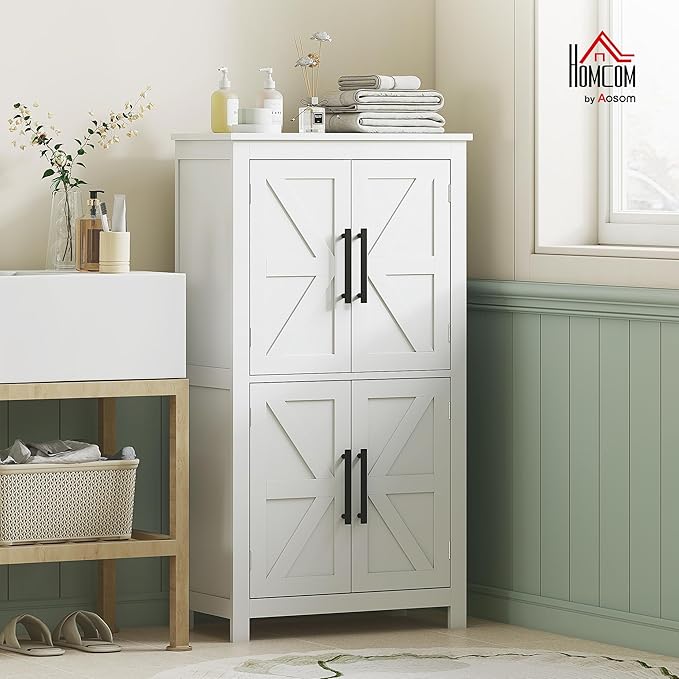 HOMCOM Farmhouse Bathroom Storage Cabinet with 4 Barn Doors, Bathroom Floor Cabinet with 2 Adjustable Shelf, Freestanding Storage Cupboard, White