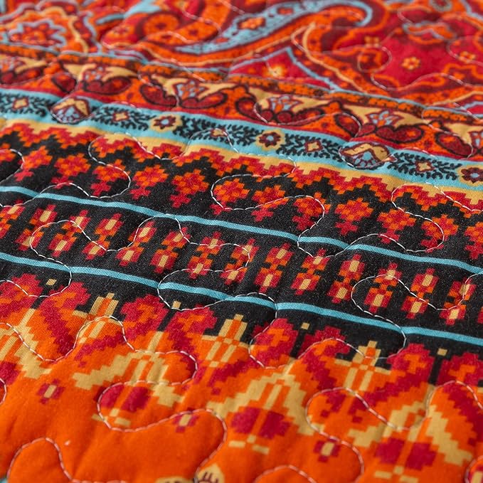 BEDIFANY Cotton Twin Size Bedspreads Set - Lightweight Boho Quilts Twin Size (68 * 86 Inch) - Colorful Orange Quilted Stripe Quilt Bedding Sets with Pillow Sham for Decorations Coverlet, 2 Pieces