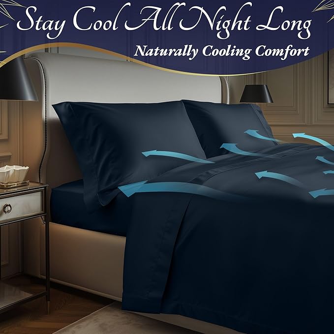 DECOLURE 100% Viscose Derived from Bamboo Sheets Cal King Size 4pcs - Ultra Soft & Luxuriously Cooling, 17" Deep Pocket, Double Stitching,Perfect for Hot Sleepers - King Bed Sheets (Navy Blue)