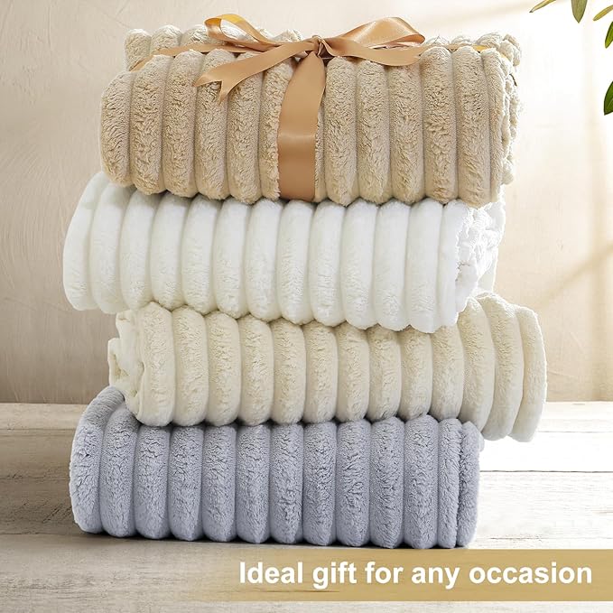 decorUhome Christmas Soft Fleece Light Brown Twin Blanket for Bed, Cozy Fluffy Plush Flannel Striped Throws for Couch Sofa, Lightweight Decorative Ribbed Fuzzy Blanket for Woman, 60x80 Inches