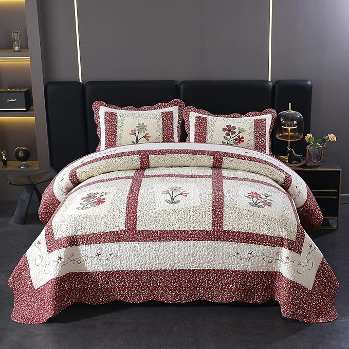 vctops Christmas Red 2 Piece Embroidered Floral Quilted Bedspread Quilt Set 100% Cotton Reversible Patchwork Coverlet Set 1 Quilt and 1 Pillow Sham (Red,Twin)