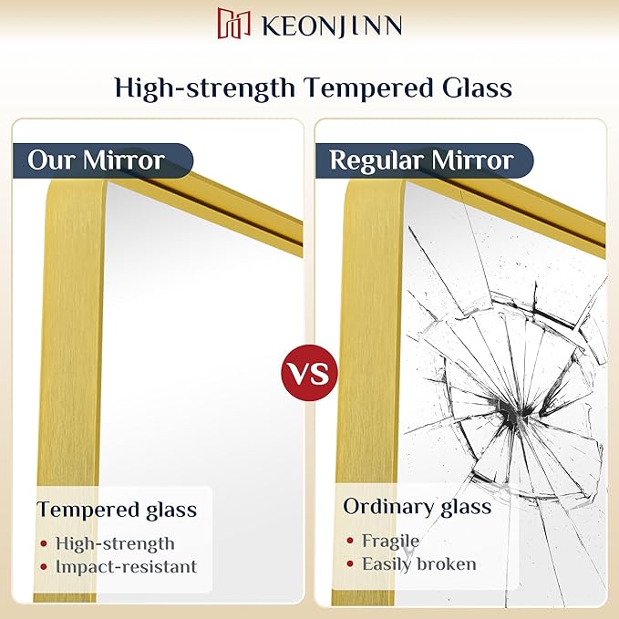 Keonjinn Gold Bathroom Mirrors for Over Sink 48” x 24” Large Brushed Brass Metal Framed Wall Mirror, Rounded Rectangle Bathroom Vanity Mirror, HD Tempered Glass Full Body Mirror(Horizontal/Vertical)