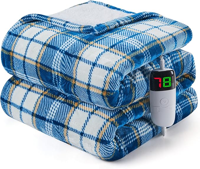 Heated Electric Blanket Twin Size,62X84 Heating Blanket with 10 Heats Levels&8 Hours Auto Off&Timer,Blue Plaid Soft Cozy Sherpa Blankets Warmer Gifts for Grandma Women Adult,Fast Heating Washable
