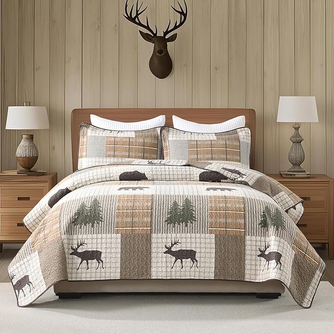 Uniclinens 100% Cotton Quilts Queen Size - Farmhouse Cabin Lodge Bear Deer Tree Quilt Set, Soft Patchwork Plaid Bedspreads Lightweight Quilted Comforter with 2 Pillow Shams, Green/Brown/Cream