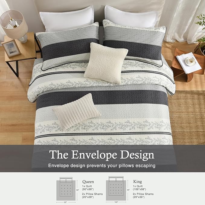 Stripe Quilts Queen Size - 100% Cotton Lightweight 3 Pieces Bedding Set, Vintage Vine Pattern Quilted Bedspread with 2 Pillow Shams, Farmhouse Printed Coverlet for All Season, Green/Gray