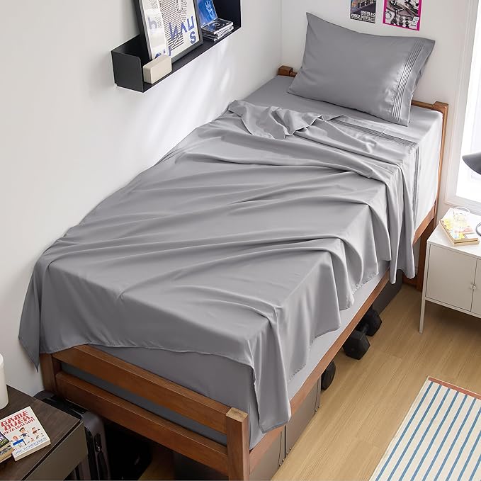 Bedsure Twin XL Sheets Dorm Bedding, GentleSoft Breathable Extra Long Twin Sheets & Pillowcases, Moisture Wicking Cooling, Deep Pocket Fits Mattress Up to 21 Inches Thick, Light Grey