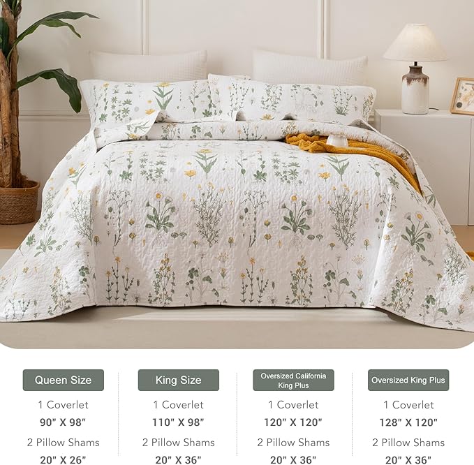Lady Ann Oversized King Bedspreads 128x120, Cotton California King Quilt Bedding Set, Yellow Floral & Green Leaves Pattern Printed Cottagecore Coverlet Set Shabby and Chic Bedspread, 3 Pcs