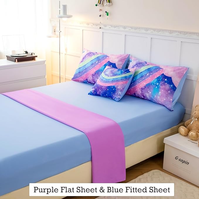 ANGIYUIN Tie Dye Blue Rainbow Comforter Set Queen Size 6 Pieces Gradient Glitter Girls Bed in A Bag Twinkle Nebula Comforter Bedding Set for All Season