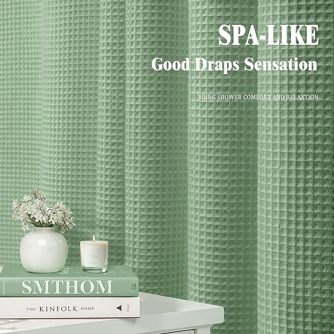 Extra Long Waffle Shower Curtain - Sage Green Cotton Texture Fabric Heavyweight Shower Curtain for Bathroom,72Wx84L